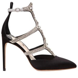 Black Strappy Sophia Webster Stiletto Heels with Crystal Embellishments